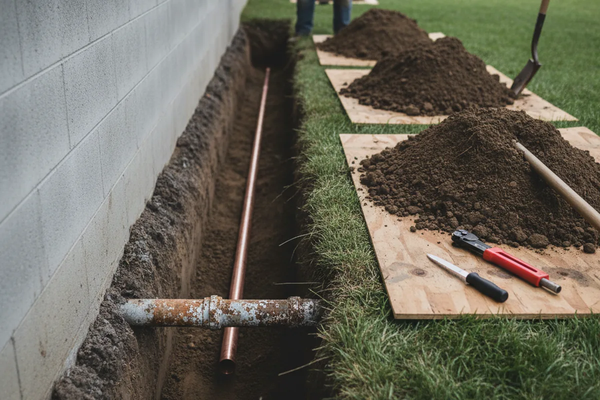 Excavated water line trench during Sewer Line Repair in Republic